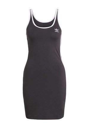 Svart ärmlös klänning med vita detaljer och en logotyp på bröstet, tillverkad i ett slätt tyg. Har en figursydd design och knälång längd.