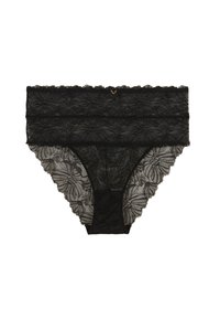 String en dentelle noire avec motif floral, présentant des bords festonnés et un avant doublé pour plus de confort. Design global délicat et élaboré.