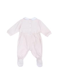 Un body pour bébé rose avec des manches longues, un col Peter Pan blanc, des boutons-pression dans le dos et des pieds fermés avec des poignets élastiques.