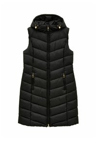 Czarna bezrękawnikowa, pikowana długa kamizelka z przednim zamkiem błyskawicznym, dwoma kieszeniami na zamek oraz kapturem ze sznurkiem.