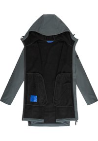 Jacheta exterioară gri cu căptușeală din fleece negru, fermoar frontal și două buzunare mari. Gluga și manșetele sunt netede, având un etichetă în interior.
