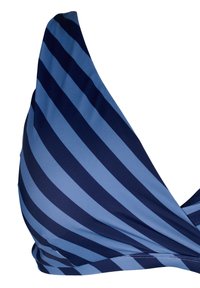 Sinine ja tumesinine triibuline bikiinivalk, millel on V-kaeluse disain, sile tekstuur ja reguleeritavad rihmad mugavuse tagamiseks. Kangas on veniv ja kerge.