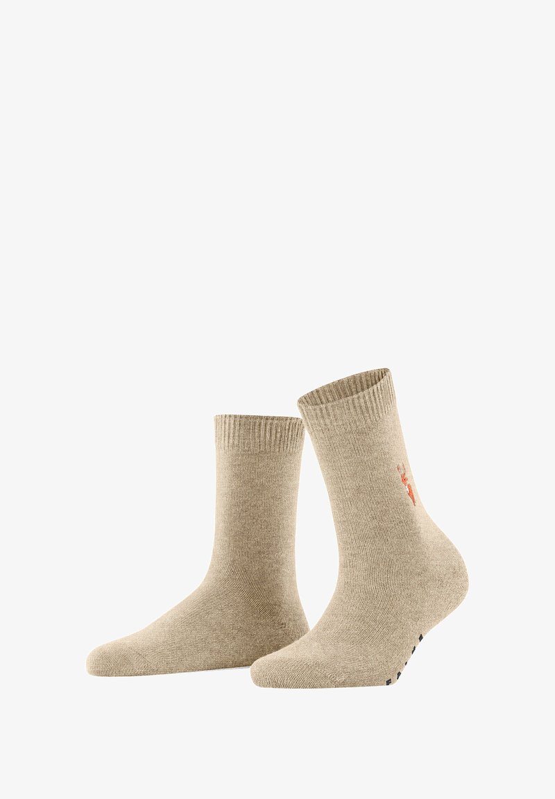 Calzini di cotone beige con polsini a coste, caratterizzati da un design ricamato e dettagli antiscivolo sulla suola. Lunghezza a metà polpaccio.