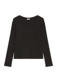 Black long-sleeve V-neck shirt made of soft fabric, with a simple, straight cut and minimal visible stitching.