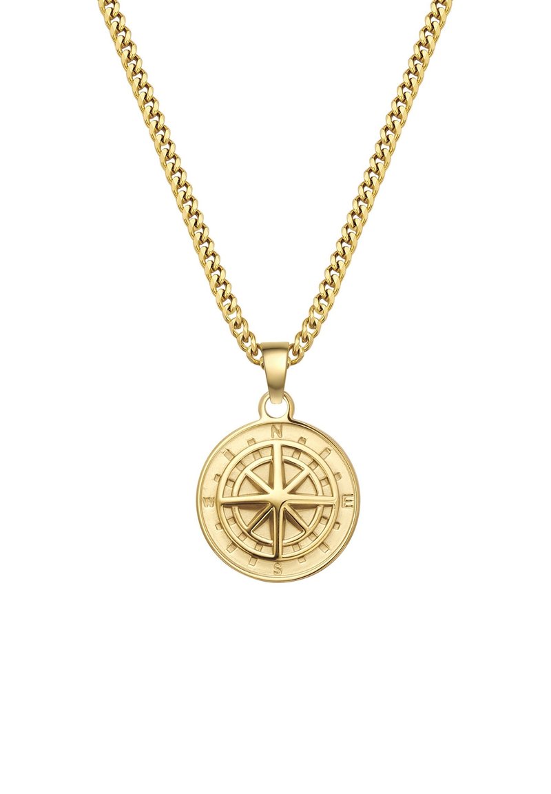 Guldhalsband med en kompassberlock. Berlocken är cirkulär och har kardinalriktningar samt en texturerad stjärndesign i mitten.