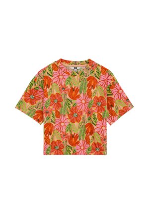 Krótki top z krótkim rękawem z dużym wzorem kwiatowym w jasnym pomarańczowym i różowym kolorze oraz zielonymi liśćmi na beżowym tle.