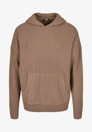 Brun ribstrikket hættetrøje med hætte, lange ærmer og en forlommekanguru. Har tekstureret stof med en afslappet pasform.