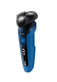Rasoi elettrico Philips Series 5000 di colore blu, con tre teste da barba rotonde nere, indicatori LED e un pulsante di accensione prominente sul manico.
