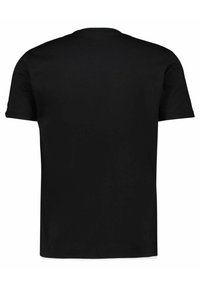 Tricou negru cu mânecă scurtă și guler rotund. Realizat dintr-un material solid, având o textură netedă și un design simplu, fără ornamente.