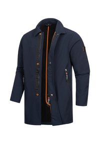 Marineblauer wasserdichter Parka mit orangenen Akzenten, Druckknöpfen und Reißverschluss. Mit einem geknoteten Kragen und Seitentaschen mit Kordelzügen.