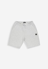 Grijze katoenen shorts met een elastische tailleband, koord, zijzakken en een klein logo-embleem aan de voorkant. Glad textuur, casual ontwerp.