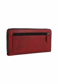 Portafoglio in pelle rossa con zip nera, caratterizzato da una tasca frontale con zip, design elegante e superficie liscia. L'interno contiene card e contante.