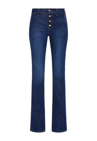 Jeans in denim blu scuro con vita alta, chiusura frontale a cinque bottoni e gambe svasate. Presentano una cucitura classica e una consistenza liscia.