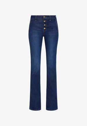 Dunkelblaue Jeans mit hoher Taille, vorderer Verschluss mit fünf Knöpfen und ausgestellten Beinen. Verfügt über klassische Nähte und eine glatte Textur.