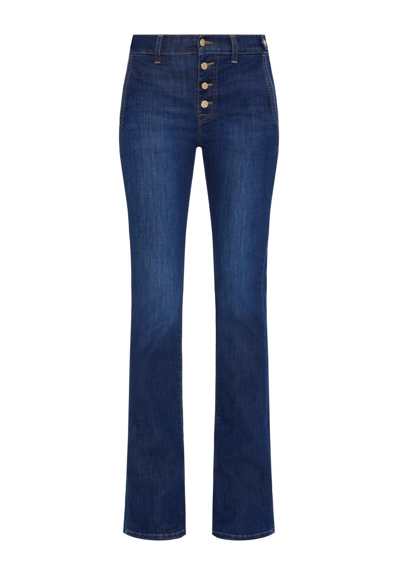 Dunkelblaue Jeans mit hoher Taille, vorderer Verschluss mit fünf Knöpfen und ausgestellten Beinen. Verfügt über klassische Nähte und eine glatte Textur.