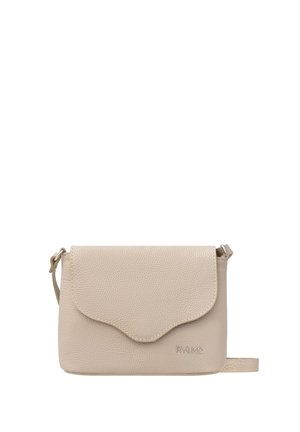 Beige leather crossbody bag with a scalloped flap, featuring a textured surface and adjustable strap. Embossed logo at the bottom.