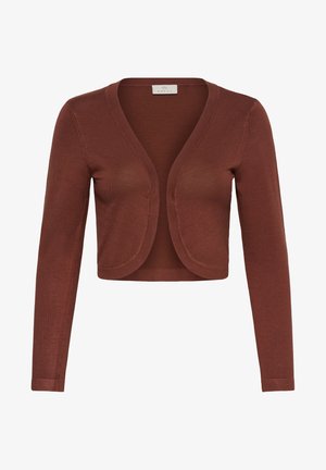 Cardigan maro cropped cu mâneci lungi și deschidere frontală, cu margini rotunjite și design tricotat mulat.