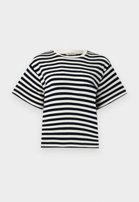 Tricou cu dungi, având dungi orizontale albastre și albe, cu mâneci scurte, decolteu rotund și o croială lejeră. Fabricat din bumbac moale.
