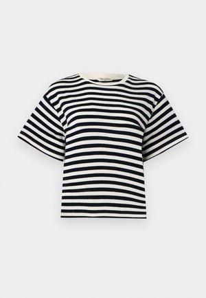 T-shirt rayé avec des rayures horizontales bleu marine et blanches, manches courtes, col rond et coupe décontractée. Fabriqué en coton doux.