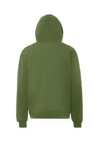 Oliwkowy hoodie wykonany z miękkiego materiału, z kapturem, długimi rękawami oraz żebrowanymi mankietami i dołem. Widok z tyłu ukazuje bezszwowy design.