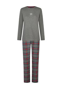 Graues Langarmshirt mit dem Schriftzug "Jolly", kombiniert mit karierten Schlafanzughosen in Grau, Rot und Grün; Baumwollmischung, lockere Passform.