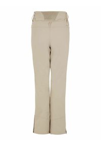 Beige buitenbroek met een brede elastische tailleband, openingen aan de zoom en een gladde, rekbare stof voor comfort en bewegingsvrijheid.