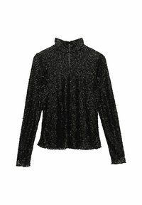 Haut noir à manches longues en tissu texturé avec un col haut, comportant de nombreuses petites paillettes pour un effet scintillant.