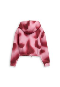Felpa corta rosa con motivo astratto rosso. Presenta un cappuccio, polsini a costine e un cordoncino sull'orlo. Texture liscia.