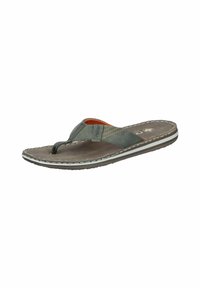 Men's flip-flop sandal in dark green and brown. Cushioned footbed with thick white stitching and a textured sole for grip. Copper accents featured.