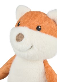 Stuffed fox with an orange textured fabric head, white fluffy body, and black button eyes. Features a brown stitched nose and smiling mouth.