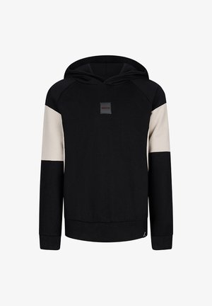 Haut à capuche noir avec des accents crème sur les manches, une poche kangourou et un patch logo carré. Fabriqué en tissu doux en mélange de coton.