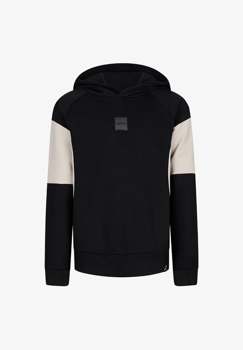 Schwarzer Hoodie mit cremefarbenen Akzenten an den Ärmeln, einer Kängurutasche und einem quadratischen Logo-Patch. Hergestellt aus weichem Baumwollmix.