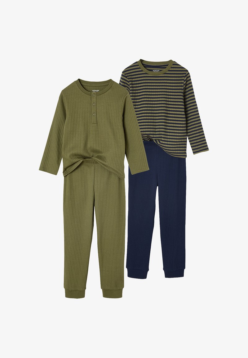 Two sets of ribbed long-sleeve tops and pants, one solid olive green with buttons, the other striped navy and olive with navy pants.