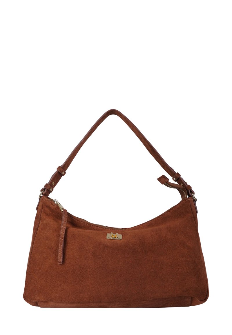 Borsa a tracolla in suede marrone con tracolla regolabile, chiusura con zip e piccola targhetta con logo dorato sul davanti.