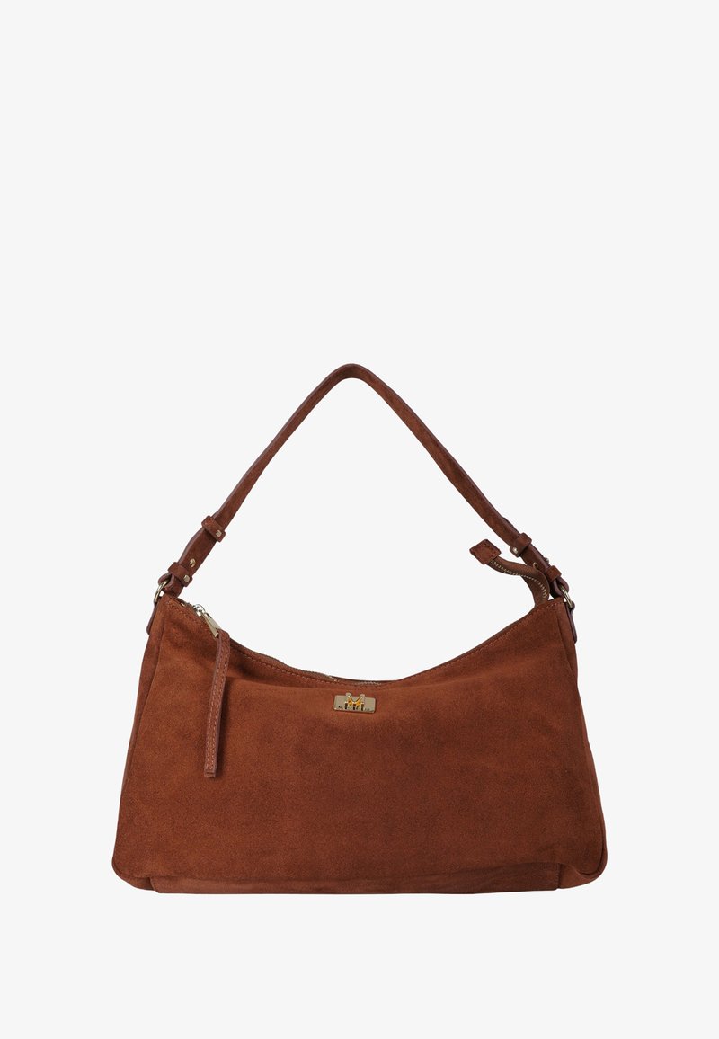 Borsa a tracolla in suede marrone con tracolla regolabile, chiusura con zip e piccola targhetta con logo dorato sul davanti.