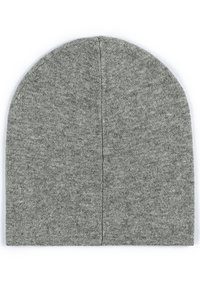 Gray beanie hat made from a soft, knit material. Features a rounded top and a seamless design. Texture appears smooth with a slight stretch.