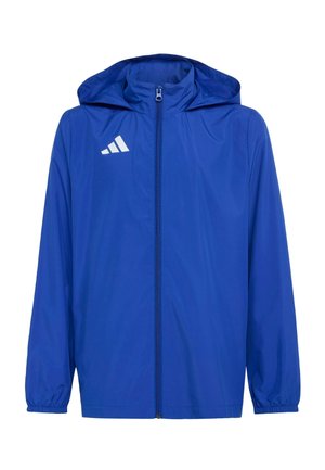 Blaue Kapuzenjacke mit Frontreißverschluss und weißem Adidas-Logo auf der oberen linken Brust, mit elastischen Bündchen und hohem Kragen.