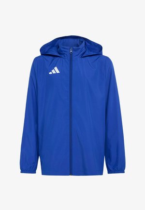 Blaue Kapuzenjacke mit Frontreißverschluss und weißem Adidas-Logo auf der oberen linken Brust, mit elastischen Bündchen und hohem Kragen.