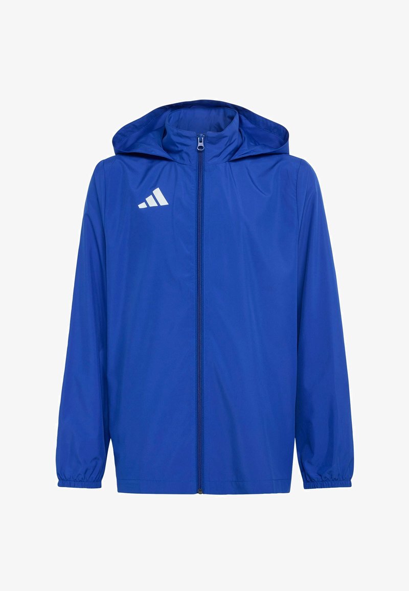 Veste bleue à capuche avec fermeture éclair frontale et logo Adidas blanc sur la partie supérieure gauche de la poitrine, avec des poignets élastiques et un col montant.