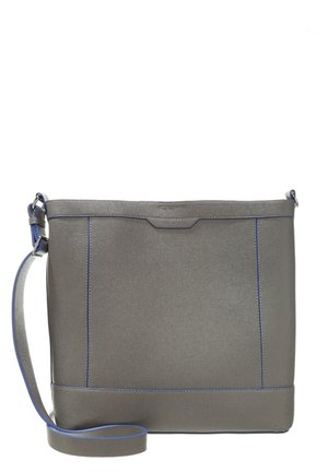 Gray crossbody bag with blue trim, adjustable strap, and subtle texture, shown against a white background.