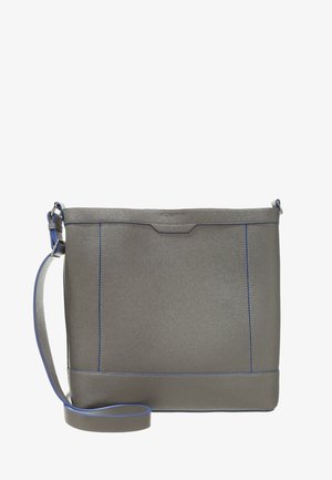 Graue Umhängetasche mit blauem Besatz, verstellbarem Riemen und dezenter Textur, vor weißem Hintergrund gezeigt.