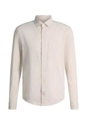 Beige Langarm-Hemd mit Knöpfen, einer Brusttasche und klassischem Kragen, präsentiert vor weißem Hintergrund.