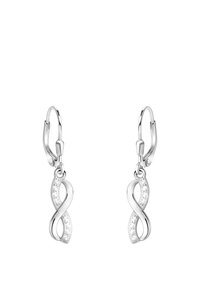 Silverörhängen i oändlighetssymbolsform, prydda med små klara stenar längs kanten, med en häckmekanism för säker användning.