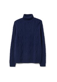 Navy blue knitted turtleneck sweater featuring a textured cable pattern and ribbed cuffs and hem. Made from soft, warm fabric.