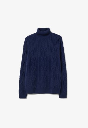 Suéter de cuello alto tejido en azul marino con un patrón de cable texturizado y puños y dobladillo acanalados. Hecho de tela suave y cálida.