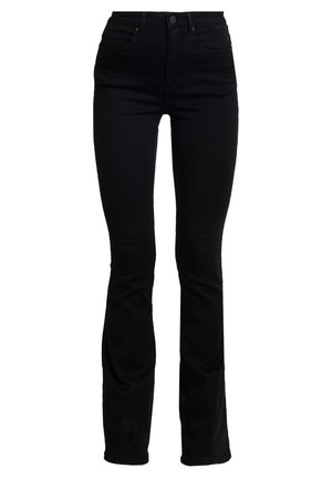 Black denim flared jeans with a high-rise waist, five pockets, and a smooth texture. Features subtle stitching and metallic hardware accents.