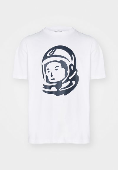 White cotton t-shirt featuring a large navy astronaut graphic on the front. Classic crew neck and short sleeves.