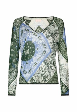 Langermige top met een mix van groene, blauwe en witte paisleypatronen, een V-halsontwerp en een gestructureerde stof.