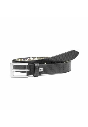 Black perforated leather belt with a silver metal buckle, featuring a smooth texture along the edges. Inside has a patterned lining.