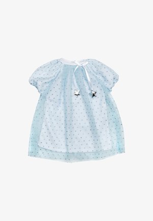 Lichtblauwe babyjurk met korte pofmouwtjes, zilveren sterdetails en een wit lintje bij de halslijn.